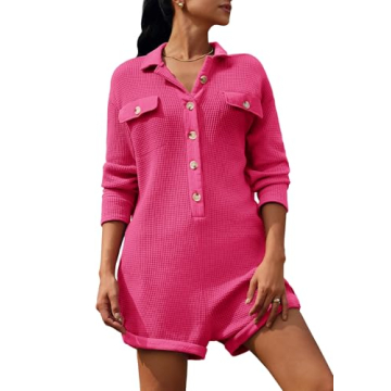 Yanekop Womens Waffle Knit Rompers Oversized Button Down Short Jumpsuit V Neck Long Sleeve Overalls with Pockets(Hot Pink,S)