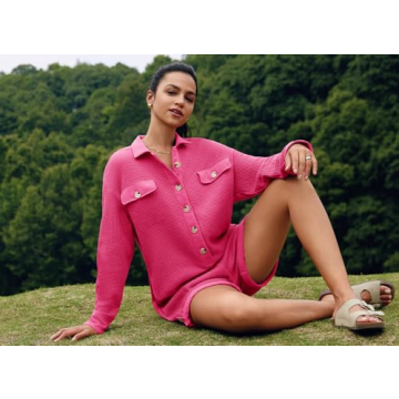 Yanekop Womens Waffle Knit Rompers Oversized Button Down Short Jumpsuit V Neck Long Sleeve Overalls with Pockets(Hot Pink,S)