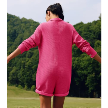 Yanekop Womens Waffle Knit Rompers Oversized Button Down Short Jumpsuit V Neck Long Sleeve Overalls with Pockets(Hot Pink,S)