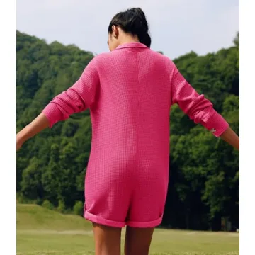 Yanekop Womens Waffle Knit Rompers Oversized Button Down Short Jumpsuit V Neck Long Sleeve Overalls with Pockets(Hot Pink,S)
