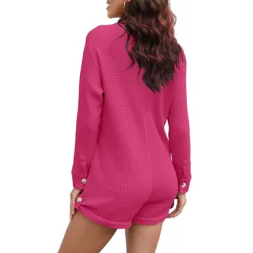Yanekop Womens Waffle Knit Rompers Oversized Button Down Short Jumpsuit V Neck Long Sleeve Overalls with Pockets(Hot Pink,S)