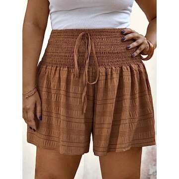 SOLY HUX Women's Plus Size Ditsy Floral Print Shirred Elastic High Waisted Wide Leg Shorts Plain Brown 3XL