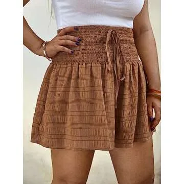 SOLY HUX Women's Plus Size Ditsy Floral Print Shirred Elastic High Waisted Wide Leg Shorts Plain Brown 3XL