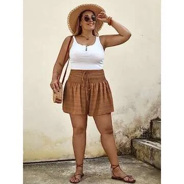 SOLY HUX Women's Plus Size Ditsy Floral Print Shirred Elastic High Waisted Wide Leg Shorts Plain Brown 3XL