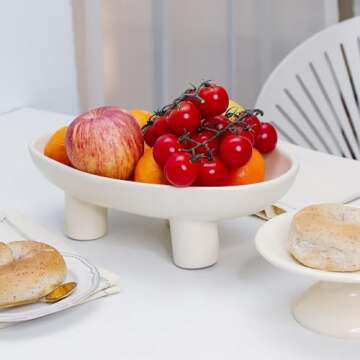 MELIUDEY Fruit Bowl Three-Legs Ceramic Fruit Bowl for Kitchen Counter, 10 Inch Fruit Basket Decorative Candy Bowl for Table Décor, Oval Large Bowls Key Bowl Home Table Décor (Crème 10 Inch)