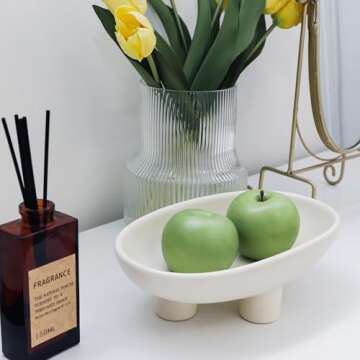 MELIUDEY Fruit Bowl Three-Legs Ceramic Fruit Bowl for Kitchen Counter, 10 Inch Fruit Basket Decorative Candy Bowl for Table Décor, Oval Large Bowls Key Bowl Home Table Décor (Crème 10 Inch)