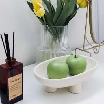 MELIUDEY Fruit Bowl Three-Legs Ceramic Fruit Bowl for Kitchen Counter, 10 Inch Fruit Basket Decorative Candy Bowl for Table Décor, Oval Large Bowls Key Bowl Home Table Décor (Crème 10 Inch)