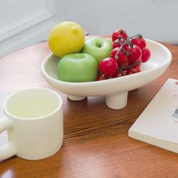 MELIUDEY Fruit Bowl Three-Legs Ceramic Fruit Bowl for Kitchen Counter, 10 Inch Fruit Basket Decorative Candy Bowl for Table Décor, Oval Large Bowls Key Bowl Home Table Décor (Crème 10 Inch)