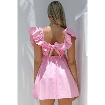 Zebaexf Womens Spring Summer V Neck Knot Back Causal Strap Short Flowy Swing Mini Dress B Pink