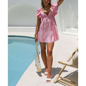 Zebaexf Womens Spring Summer V Neck Knot Back Causal Strap Short Flowy Swing Mini Dress B Pink