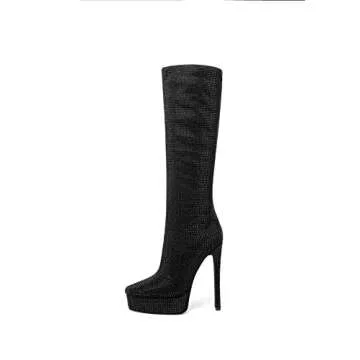 sun gurg Women's Knee High Boots Platform Stiletto High Heel All Over Sparkly Rhinestone Wide Calf Pull-on Boot US 9