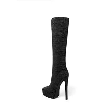 sun gurg Women's Knee High Boots Platform Stiletto High Heel All Over Sparkly Rhinestone Wide Calf Pull-on Boot US 9