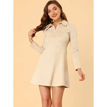 Allegra K Women's Faux Suede Dress V Neck Long Sleeve 2024 Fall Winter A-Line Mini Dress Medium Beige
