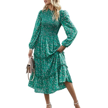 NOLLSOM Women 2023 Fall Dress Floral Boho Dress Casual Long Sleeve Crew Neck Ruffle A-Line Flowy Wed...