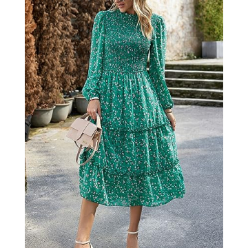 NOLLSOM Women 2023 Fall Dress Floral Boho Dress Casual Long Sleeve Crew Neck Ruffle A-Line Flowy Wedding Guest Maxi Dresses(Green Pink Flower,Small)