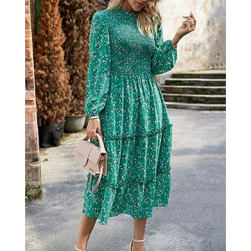 NOLLSOM Women 2023 Fall Dress Floral Boho Dress Casual Long Sleeve Crew Neck Ruffle A-Line Flowy Wedding Guest Maxi Dresses(Green Pink Flower,Small)
