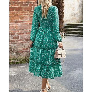 NOLLSOM Women 2023 Fall Dress Floral Boho Dress Casual Long Sleeve Crew Neck Ruffle A-Line Flowy Wedding Guest Maxi Dresses(Green Pink Flower,Small)