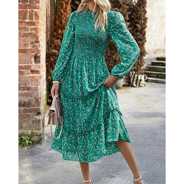 NOLLSOM Women 2023 Fall Dress Floral Boho Dress Casual Long Sleeve Crew Neck Ruffle A-Line Flowy Wedding Guest Maxi Dresses(Green Pink Flower,Small)