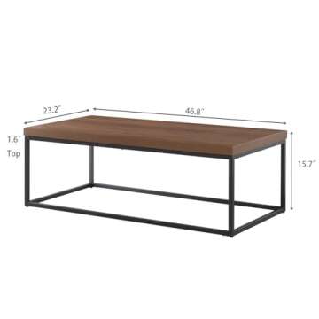 CENSI Walnut Coffee Table for Living Room, 47" Modern Industrial, Rectangular Wood and Metal Coffee Table with Extra Thick Tabletop (Dark Walnut)