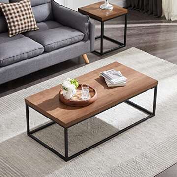 CENSI Walnut Coffee Table for Living Room, 47" Modern Industrial, Rectangular Wood and Metal Coffee Table with Extra Thick Tabletop (Dark Walnut)