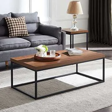 CENSI Walnut Coffee Table for Living Room, 47" Modern Industrial, Rectangular Wood and Metal Coffee Table with Extra Thick Tabletop (Dark Walnut)