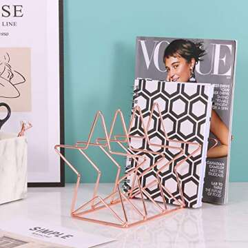 Simmer Stone Magazine Holder File Sorter, Metal 5 Slot Desk Organizer Rack for Document, Folder, Letter and Book, Rose Gold, Pentastar Shape