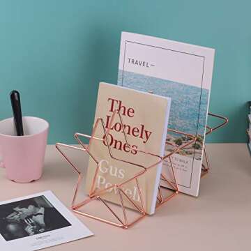 Simmer Stone Magazine Holder File Sorter, Metal 5 Slot Desk Organizer Rack for Document, Folder, Letter and Book, Rose Gold, Pentastar Shape