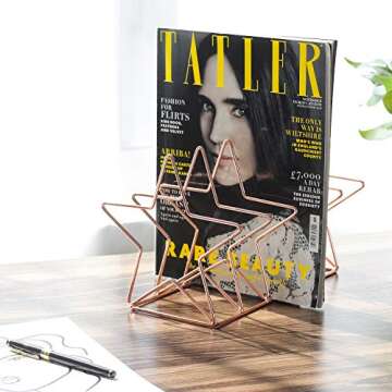 Simmer Stone Magazine Holder File Sorter, Metal 5 Slot Desk Organizer Rack for Document, Folder, Letter and Book, Rose Gold, Pentastar Shape