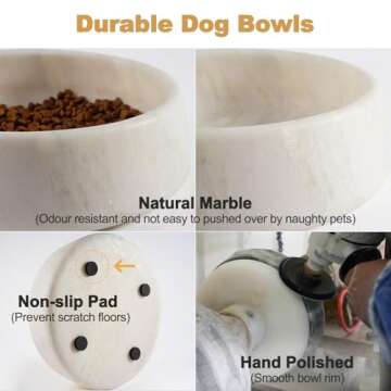 White Dog Bowl, Marble Dog Food Bowl, Non-Slip Dog Water Bowl Large, Heavy Duty Pet Bowl for Large Dogs, African Natural Marble, Holds 6 Cups(6lbs)