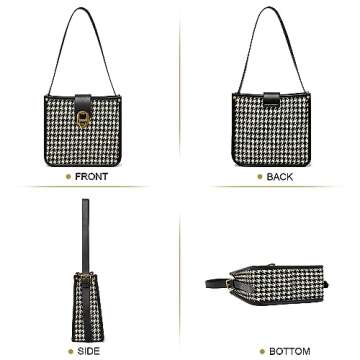 FOXLOVER Houndstooth Fabric Shoulder Bag for Women Top Handle Bucket Purse Casual Retro Portable Adj...