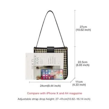 FOXLOVER Houndstooth Fabric Shoulder Bag for Women Top Handle Bucket Purse Casual Retro Portable Adjustable Straps(Black)