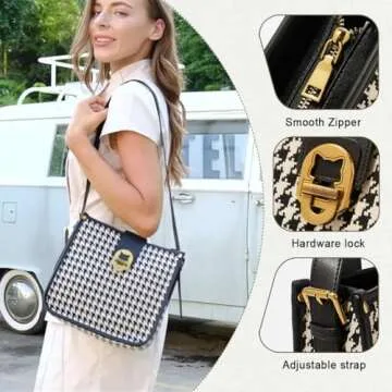 FOXLOVER Houndstooth Fabric Shoulder Bag for Women Top Handle Bucket Purse Casual Retro Portable Adjustable Straps(Black)