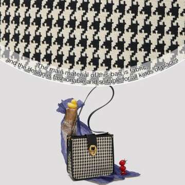 FOXLOVER Houndstooth Fabric Shoulder Bag for Women Top Handle Bucket Purse Casual Retro Portable Adjustable Straps(Black)