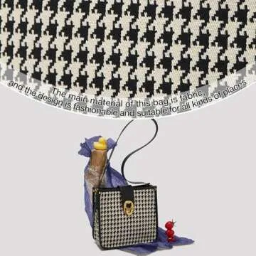 FOXLOVER Houndstooth Fabric Shoulder Bag for Women Top Handle Bucket Purse Casual Retro Portable Adjustable Straps(Black)