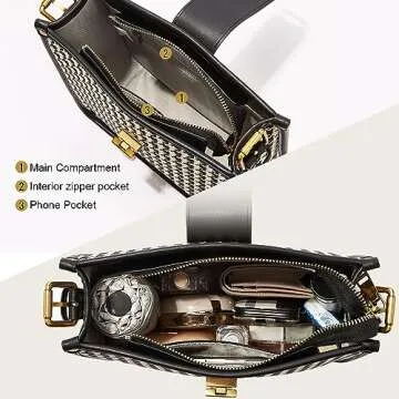 FOXLOVER Houndstooth Fabric Shoulder Bag for Women Top Handle Bucket Purse Casual Retro Portable Adjustable Straps(Black)