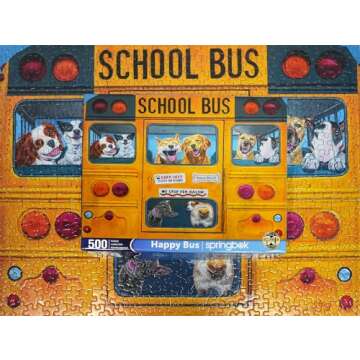 Springbok Happy Bus 500 Piece Jigsaw Puzzle for Adults and Kids - Dog Lovers Will Enjoy This Illustration by Artist Carol Luz of Lots of Happy Dogs on The schoolbus.
