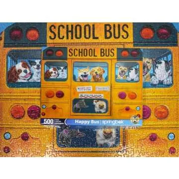 Springbok Happy Bus 500 Piece Jigsaw Puzzle for Adults and Kids - Dog Lovers Will Enjoy This Illustration by Artist Carol Luz of Lots of Happy Dogs on The schoolbus.