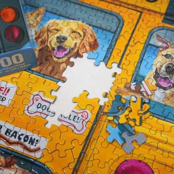 Springbok Happy Bus 500 Piece Jigsaw Puzzle for Adults and Kids - Dog Lovers Will Enjoy This Illustration by Artist Carol Luz of Lots of Happy Dogs on The schoolbus.