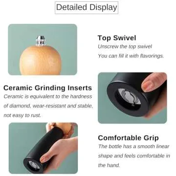Xirhhur Pepper and Salt Grinder,Beech + stainless steel + ceramic wood manual salt and pepper grinder,Adjustable Roughness Ceramic Core Salt Grinder