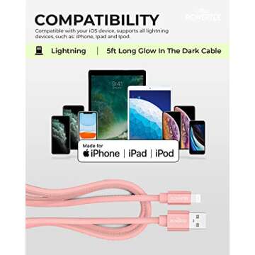 LIQUIPEL Powertek Glow MFi Certified Charger Compatible for Apple iPhone, iPad, 5ft Cable, Lightning to USB Cable Cord, Fast Charging Lightning Cable (Pink)