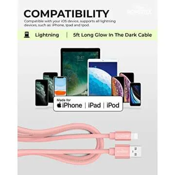 LIQUIPEL Powertek Glow MFi Certified Charger Compatible for Apple iPhone, iPad, 5ft Cable, Lightning to USB Cable Cord, Fast Charging Lightning Cable (Pink)