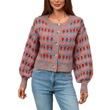 WDIRARA Women's Floral Button Down Ribbed Knit Crew Neck Cropped Cardigan Sweater Multicoloured M