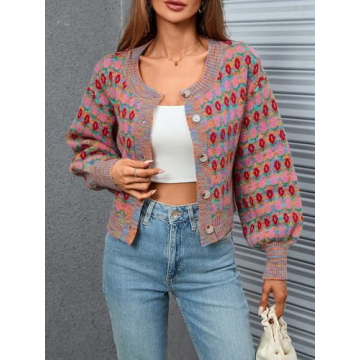 WDIRARA Women's Floral Button Down Ribbed Knit Crew Neck Cropped Cardigan Sweater Multicoloured M