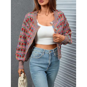 WDIRARA Women's Floral Button Down Ribbed Knit Crew Neck Cropped Cardigan Sweater Multicoloured M