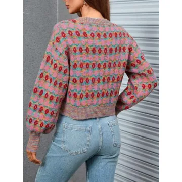 WDIRARA Women's Floral Button Down Ribbed Knit Crew Neck Cropped Cardigan Sweater Multicoloured M