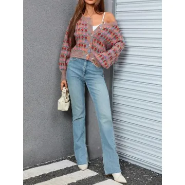 WDIRARA Women's Floral Button Down Ribbed Knit Crew Neck Cropped Cardigan Sweater Multicoloured M