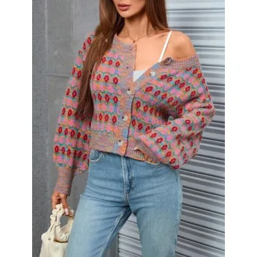 WDIRARA Women's Floral Button Down Ribbed Knit Crew Neck Cropped Cardigan Sweater Multicoloured M