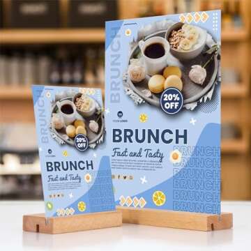 TONICE 5x7 Acrylic Sign Holder with Wood Base 3 Pack L/T Shape Vertical or Slant Back Display for We...