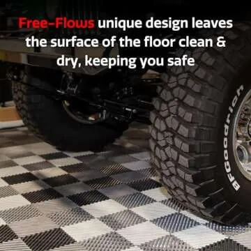 Big Floors RaceDeck Free-Flow Interlocking Garage Flooring Tiles, Non-Slip, Self-Draining, Heavy-Duty, High-Impact Copolymer, Easy Install (48 Pack), Black