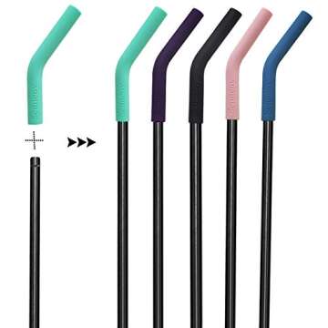 Senneny Set of 5 Stainless Steel Straws with Silicone Flex Tips Elbows Cover, 2 Cleaning Brushes and 1 Portable Bag Included (Black)- 8mm diameter